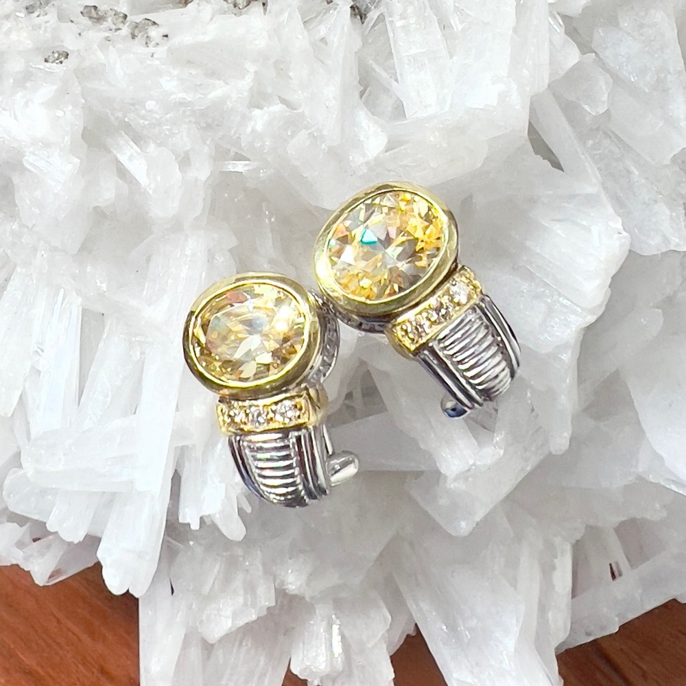 Judith Ripka JR TWO Canary Crystal & Diamond Huggie J Hoop Earrings